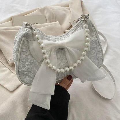 White Pleated Pearl Female Bag Vintage Luxury Designer Handbag Cute Bow Shoulder Bag Fashion Y2K Vintage Women's Purse Versatile