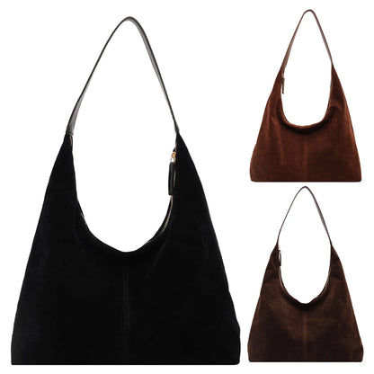 Women Suede Tote Bag with Zipper Shoulder Bag Large Capacity Hobo Bag Solid Slouchy Bag Commuter Travel Bag