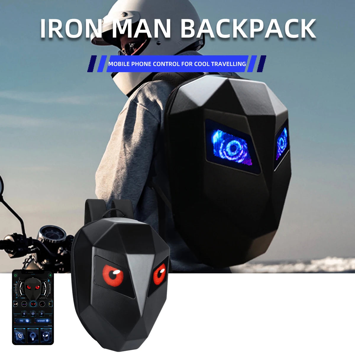 Motorcycle LED Screen Display Hard Shell Backpack Black Carbon Fiber DIY Eyes Riding Helmet Storage Bag Large Capacity Backpack