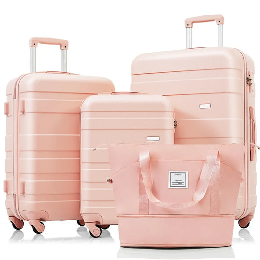 Luggage Sets 4 Piece ABS Durable Suitcase with Travel Bag Carry on Luggage Suitcase Set with 360° Spinner Wheels Pink