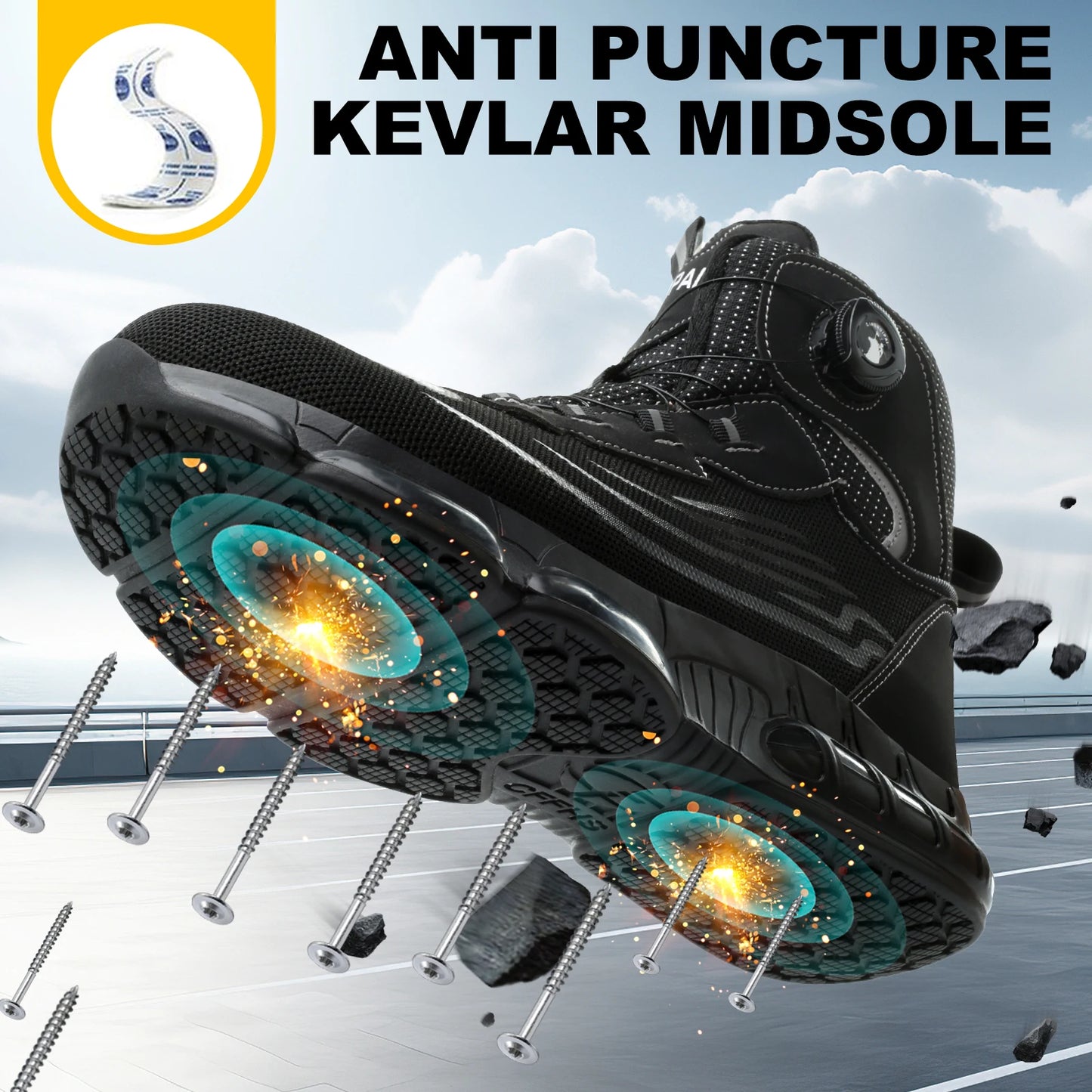 Men's high top lace-free comfortable soft sole anti-smash and puncture resistant work shoes