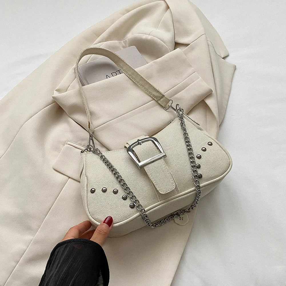 Women Vintage Rivet Bag Y2K Fashion Underarm Bag Canvas Casual Armpit Bag Zipper Closure Versatile Dating Bag