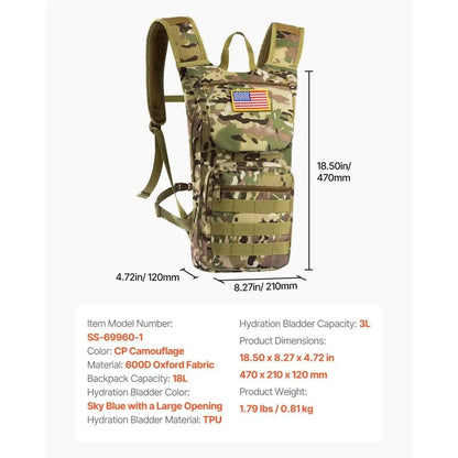 Tactical Outdoor Hydration Backpack 3L Water Bladder Cycling Hiking Running Pack