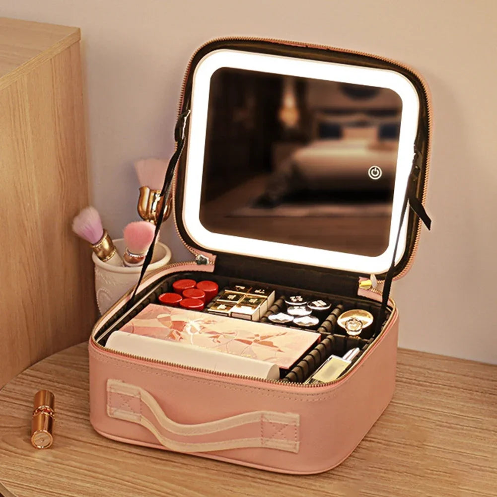 Women Smart LED Cosmetic Case with Mirror Cosmetic Bag Large Capacity Fashion Portable Storage Bag Travel Makeup Bags for ladies