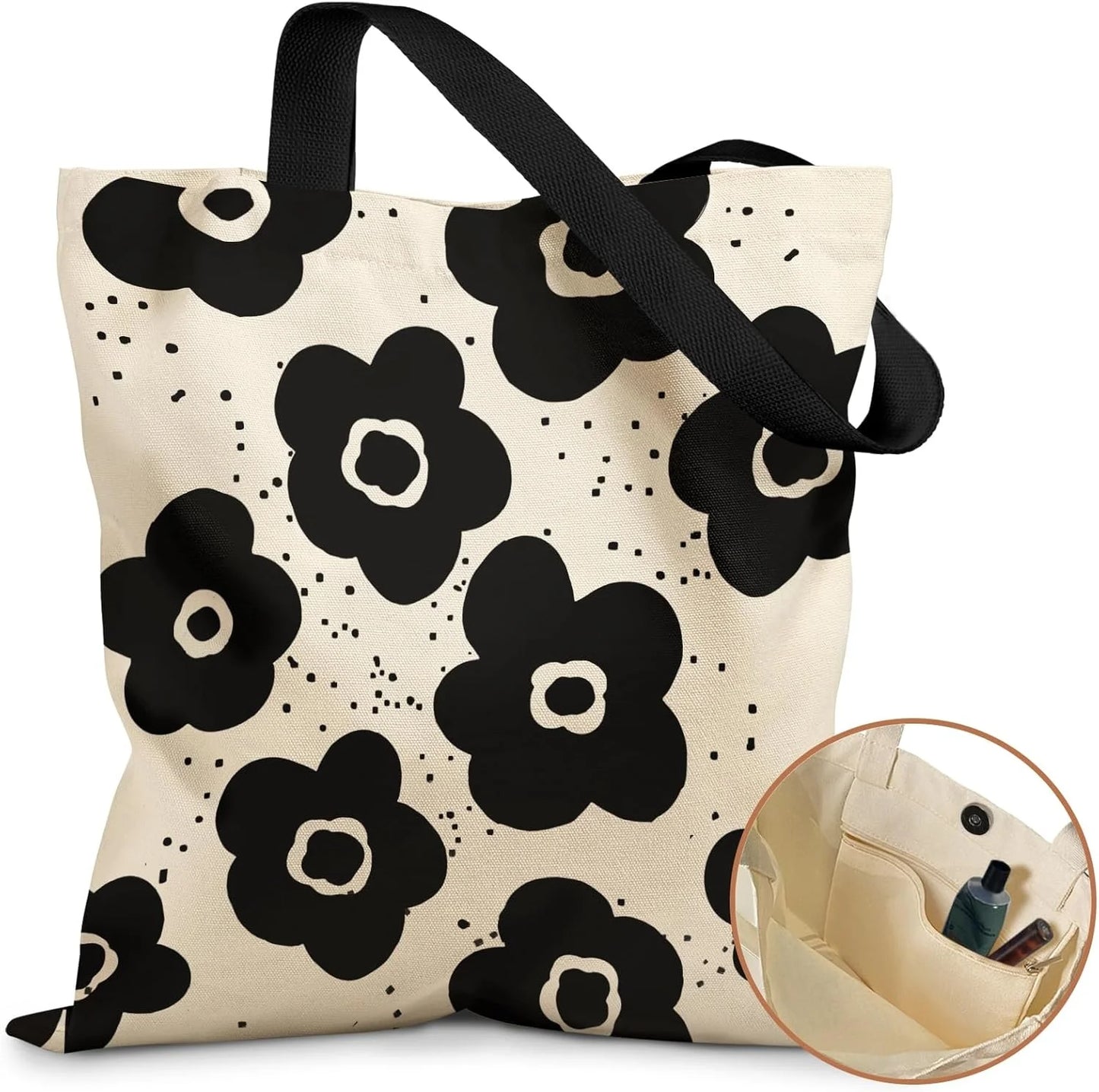 Aesthetic Tote Bag for Girls - with Magnetic Buckle and Zipper Inner Pocket for Women Lady Canvas Cotton Tote Bag