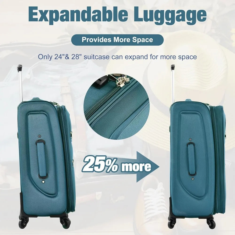 Merax Softside Luggage Set 3 Piece Suitcase with Duffel Bag Spinner Wheels Lightweight Expandable Travel Luggage 22" 26" 30",Blu