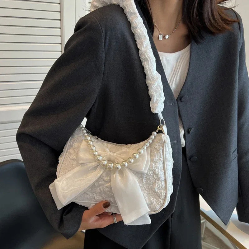 White Pleated Pearl Female Bag Vintage Luxury Designer Handbag Cute Bow Shoulder Bag Fashion Y2K Vintage Women's Purse Versatile
