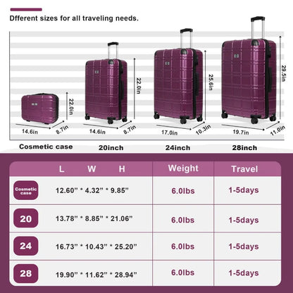 Luggage Sets ABS+PC Hardshell 4pcs Luggage Hardside Lightweight Durable Suitcase sets Spinner Wheels Suitcase with TSA Lock 12