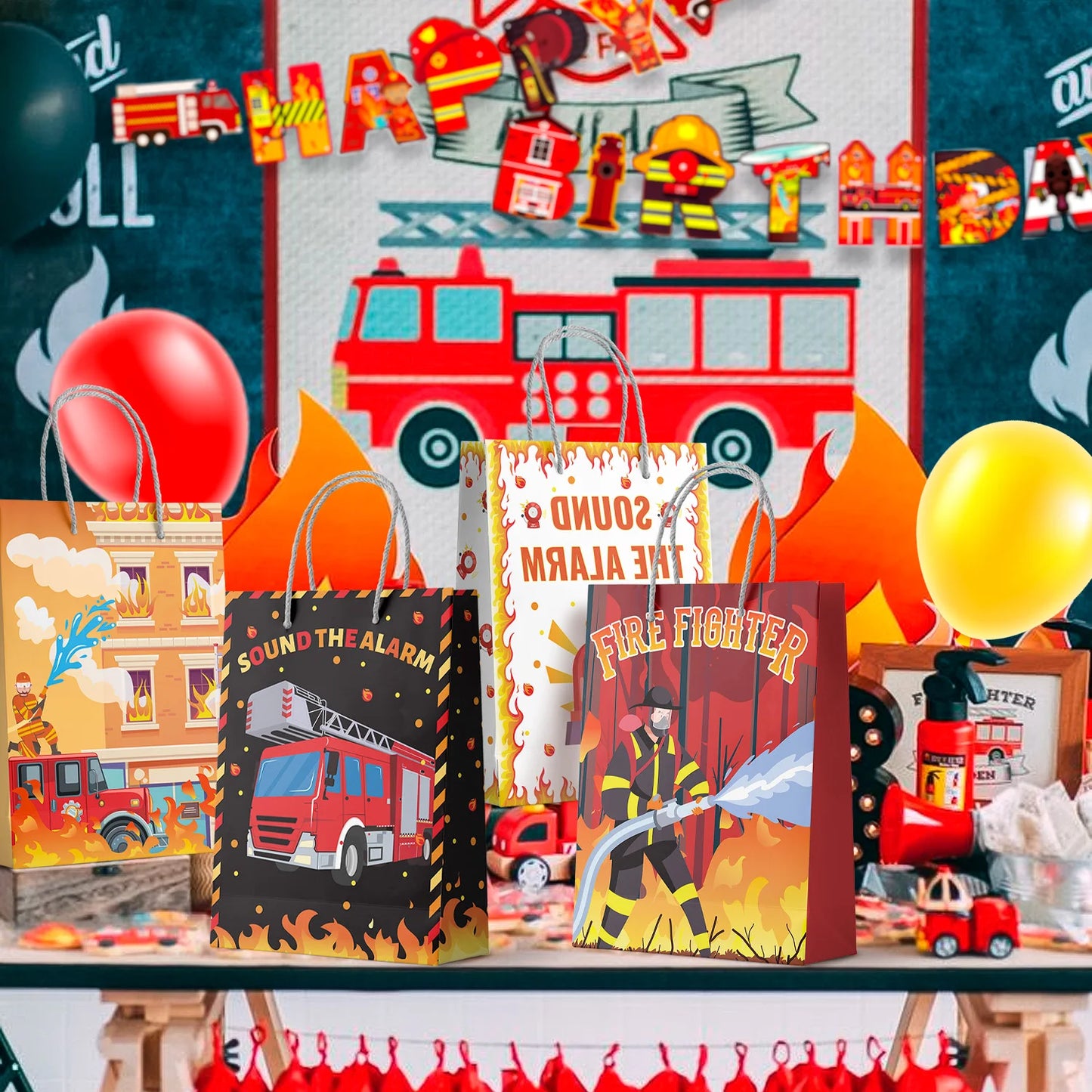 Firetruck Gift Bags,Fire Truck Party Favor Bags Set-Firetruck Birthday Gift Bags,Firefighter Party Bags&Fire Truck Goodie Bags