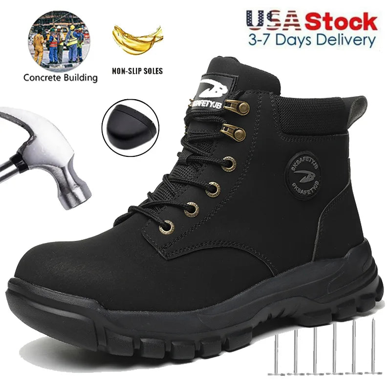 Mens Puncture-Proof Steel Toe Safety Boots Oil & Slip-Resistant Industrial Shoe Outdoor Work Shoes for Mechanics & Construction