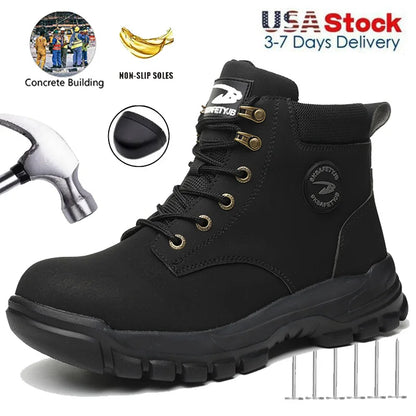 Mens Puncture-Proof Steel Toe Safety Boots Oil & Slip-Resistant Industrial Shoe Outdoor Work Shoes for Mechanics & Construction