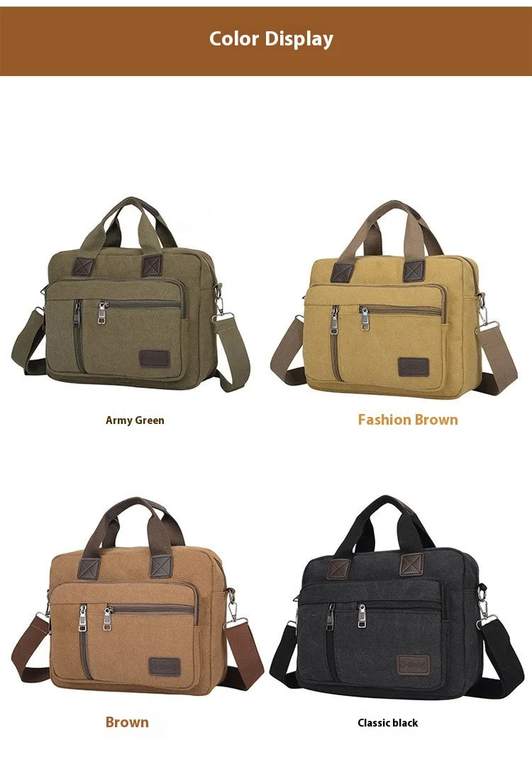 Men's Canvas Travel Handbag Large Capacity Multi-layer Crossbody Shoulder Bag Student Leisure Tote with Top-Handle