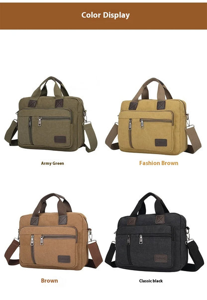 Men's Canvas Travel Handbag Large Capacity Multi-layer Crossbody Shoulder Bag Student Leisure Tote with Top-Handle