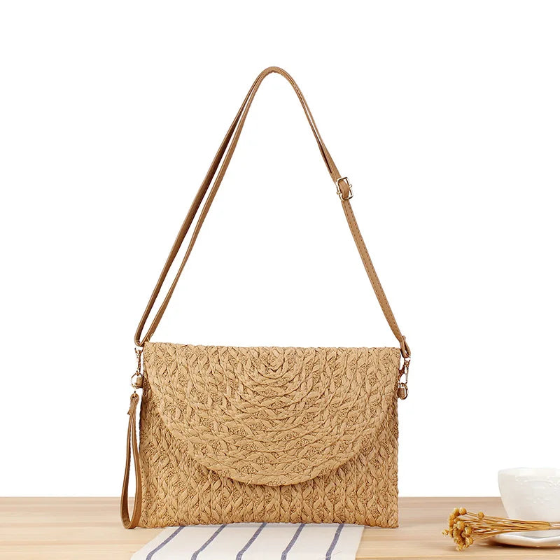 Straw Clutches Beach Bag For Women Summer Crossbody Straw Bag With Bag Strap Rural Style Woven Shoulder Bag Casual Purse Wallets