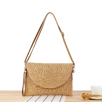Straw Clutches Beach Bag For Women Summer Crossbody Straw Bag With Bag Strap Rural Style Woven Shoulder Bag Casual Purse Wallets