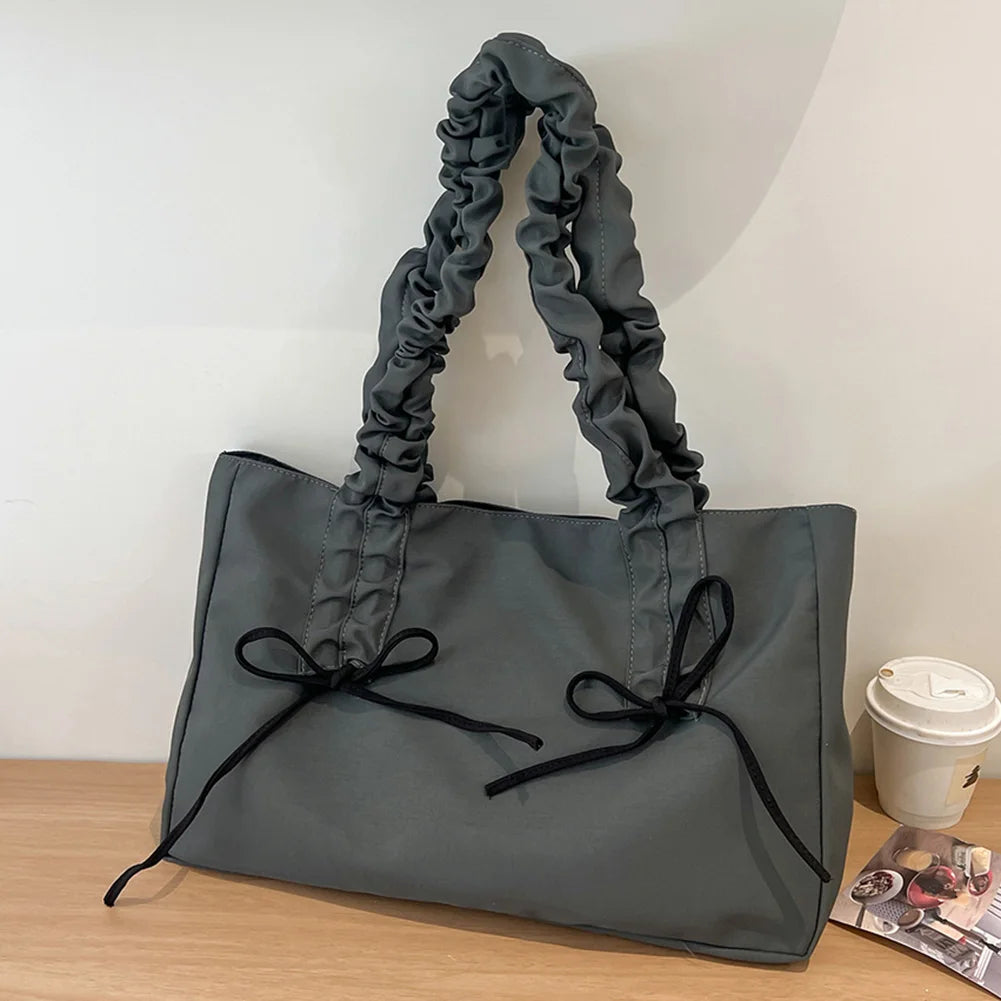Women Nylon Tote Bag Fashion Shoulder Bag Solid Color with Bow Stylish Crossbody Bag Pleated Shoulder Strap Daily Sling Bag