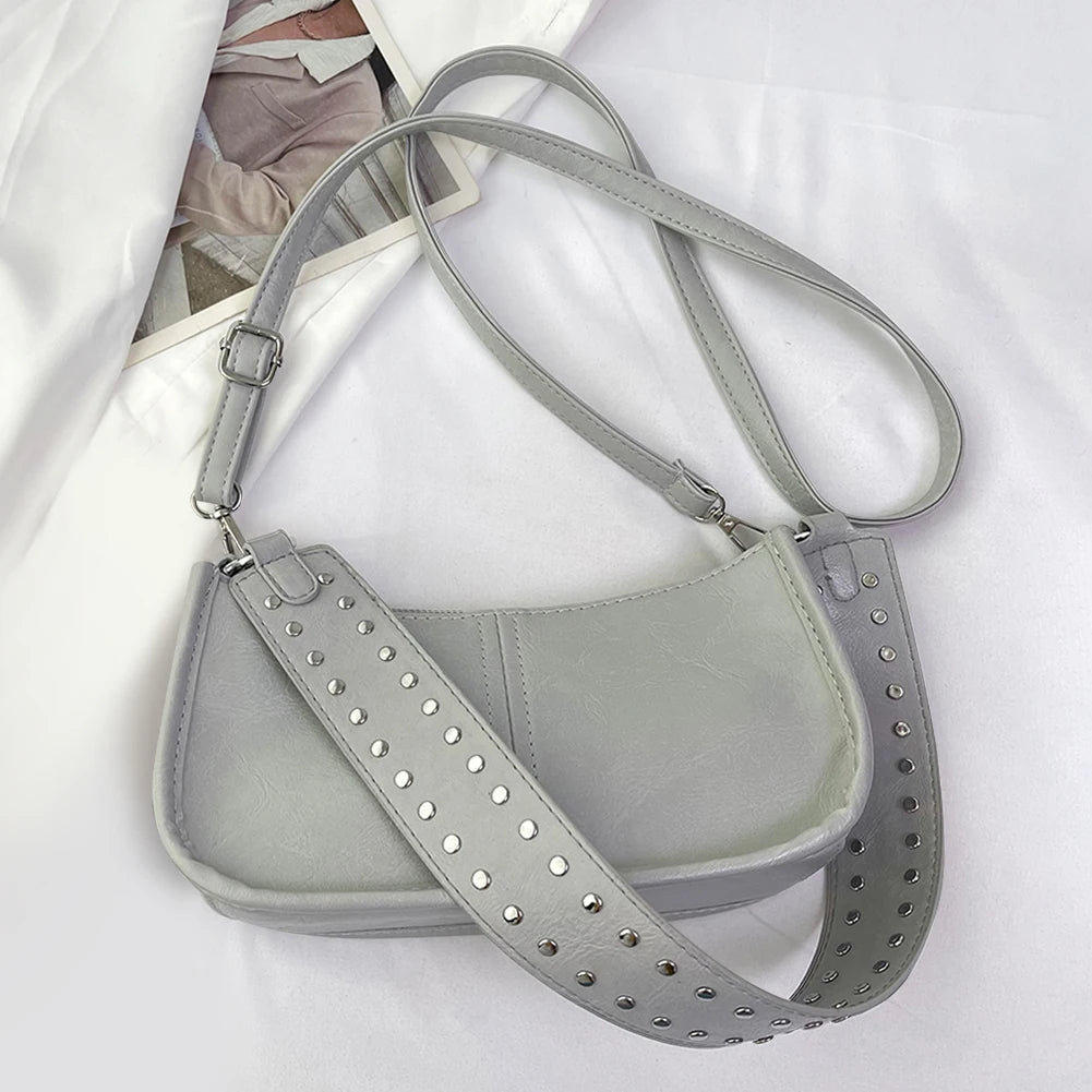 Women Underarm Satchel Bag Studded Decor Crossbody Bag Fashion PU Leather Retro Shoulder Bags Adjustable Strap Daily Handbag
