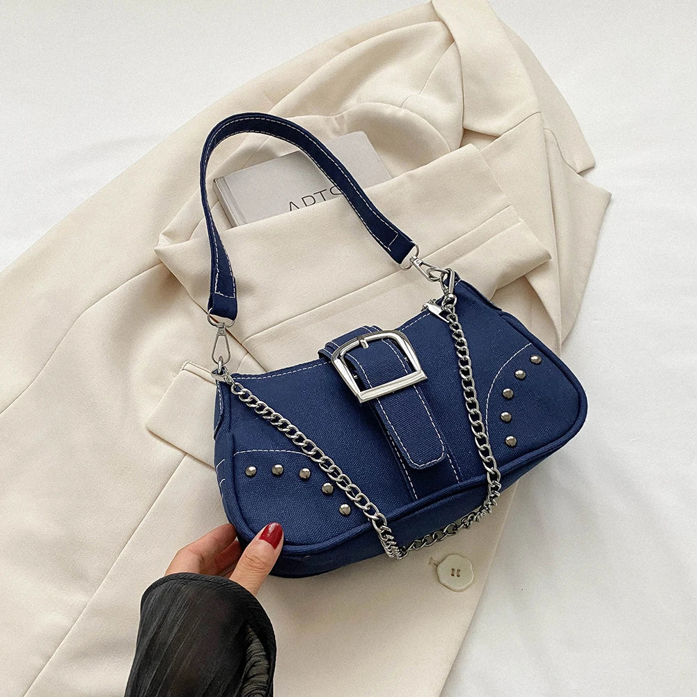 Women Vintage Rivet Bag Y2K Fashion Underarm Bag Canvas Casual Armpit Bag Zipper Closure Versatile Dating Bag