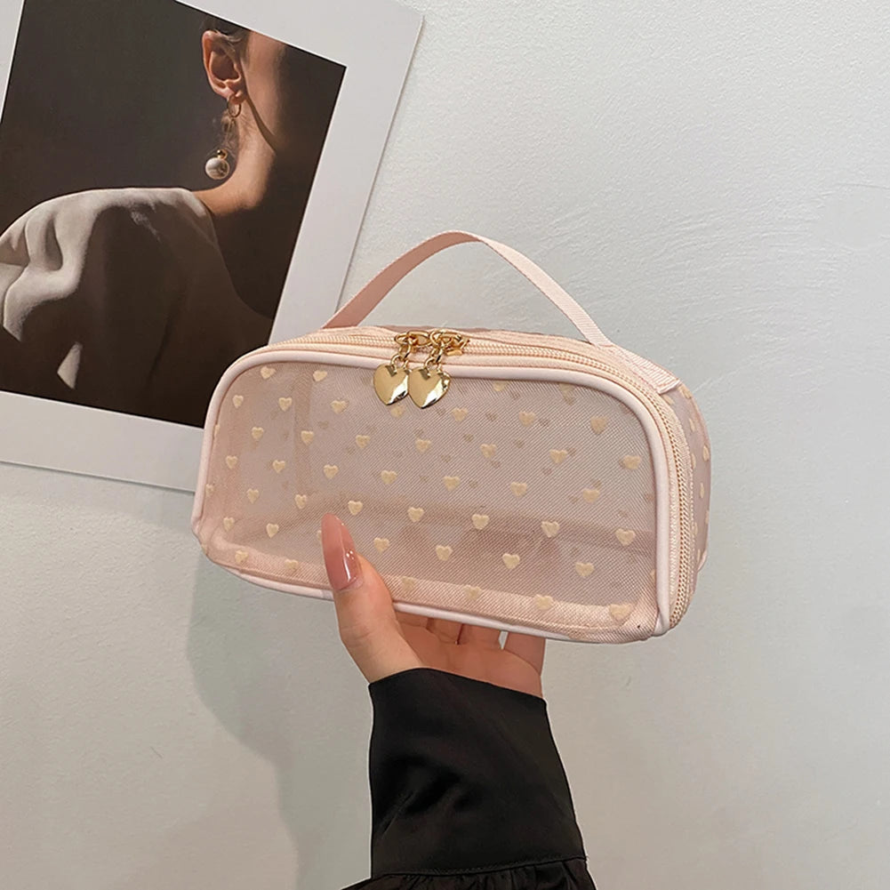 Heart Print Mesh Makeup Bags Zipper Women Mesh Cosmetic Bags Makeup Pouches Bags Items Storage Bags Travel Cosmetic Accessories
