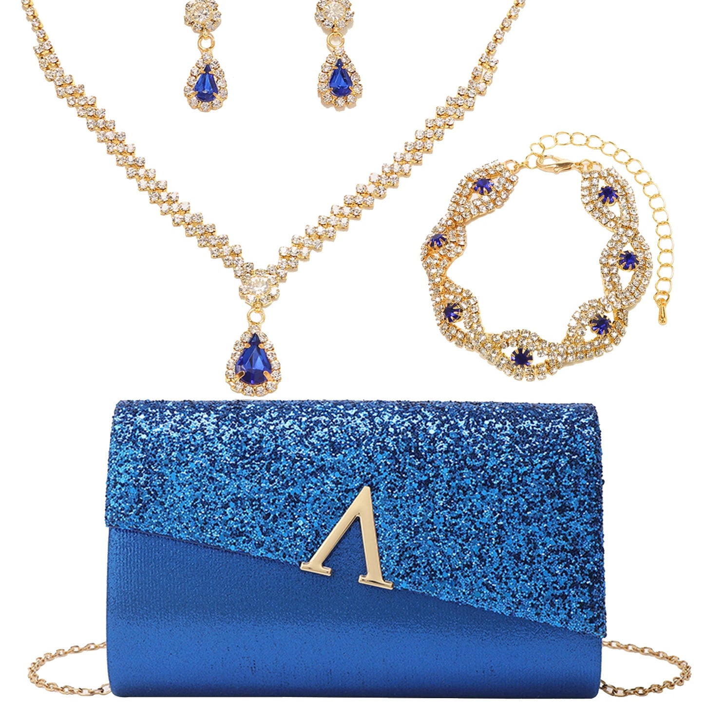 Evening Banquet Handbag Women Elegant Sparkly Flap Clutch Bag With Necklace, Earrings ,Bracelet 4Pcs Set Shoulder Wedding Purse