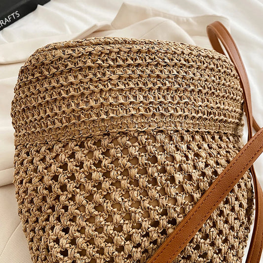 Summer Hand-Woven Handbag Drawstring Straw Beach Crossbody Bags Adjustable Strap Fashion Portable Elegant for Weekend Vacation