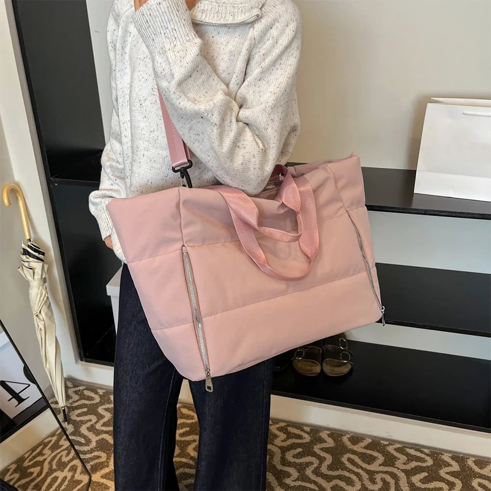 Women Quilted Shoulder Bag Large Capacity Puffer Tote Handbag Solid Color Casual Padded Bag Ladies Commute Bag