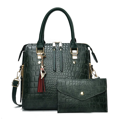 Fashion Crocodile Pattern Tote Bag Set - Large Capacity Soft Leather Women's Handbag with Tassel Charm