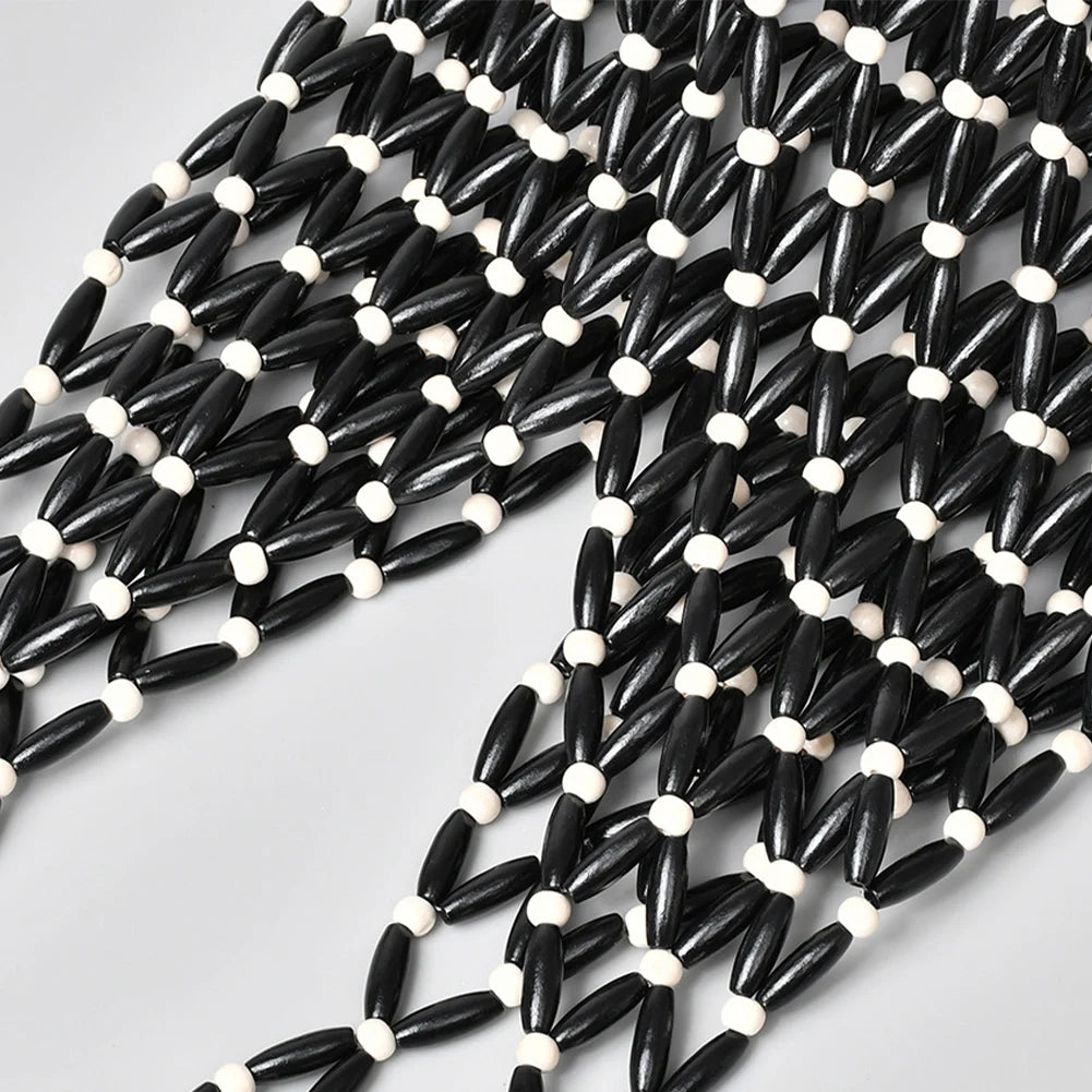 Women Beaded Bag Hollow-out Wooden Bead Tote Bucket Fashion Shoulder Bag Female Beach Handbag Storage Bag for Travels Shopping