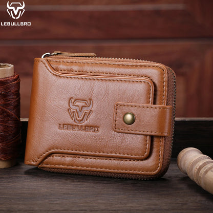 LEBULLBRO Mens Genuine Leather Zipper Wallet RFID Blocking Bifold Card Holder Wallet with coin pocket