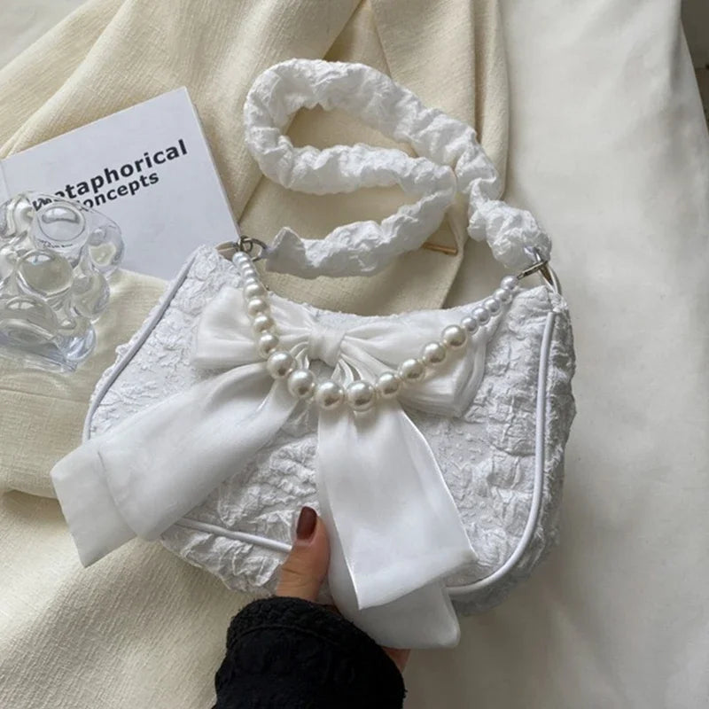 White Pleated Pearl Female Bag Vintage Luxury Designer Handbag Cute Bow Shoulder Bag Fashion Y2K Vintage Women's Purse Versatile