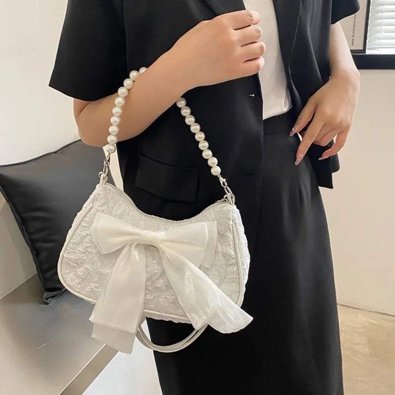 White Pleated Pearl Female Bag Vintage Luxury Designer Handbag Cute Bow Shoulder Bag Fashion Y2K Vintage Women's Purse Versatile