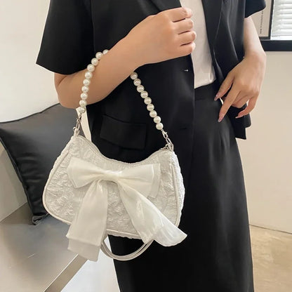 White Pleated Pearl Female Bag Vintage Luxury Designer Handbag Cute Bow Shoulder Bag Fashion Y2K Vintage Women's Purse Versatile