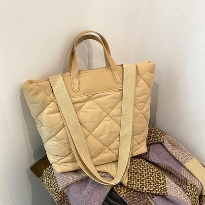 Women Nylon Shoulder Bag Quilted Large Purse with Inner Pocket Solid Color Satchel Bag for Work Travel