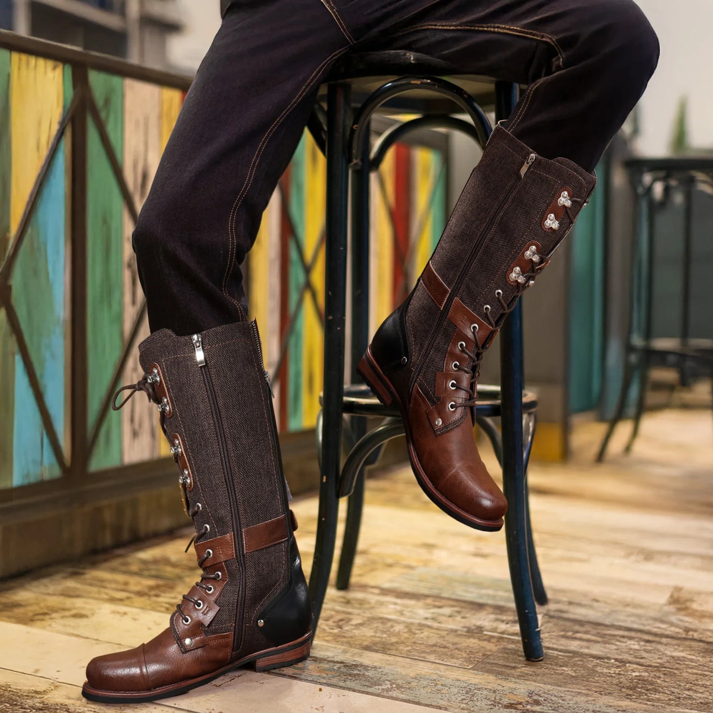 Punk Style Men's Ankle Boots: Platform with Lace-Up, Side Zip & Adjustable Buckle – Non-Slip Lug Sole Combat Booties