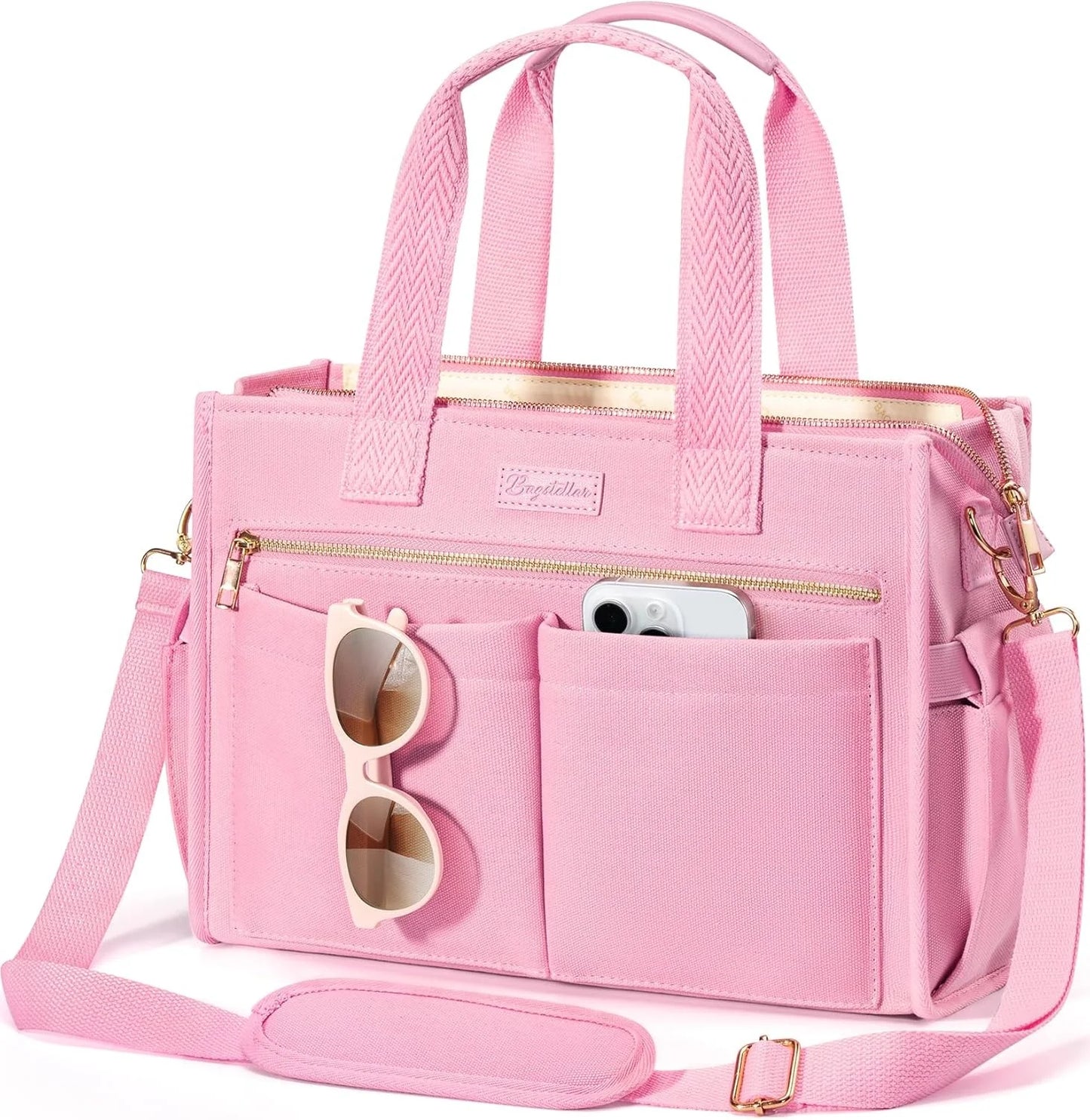 Canvas Tote Bag for Women, 15-Pocket Large Crossbody Handbag Bible Laptop Bag Zipper Bookbag for Teacher Work Travel College