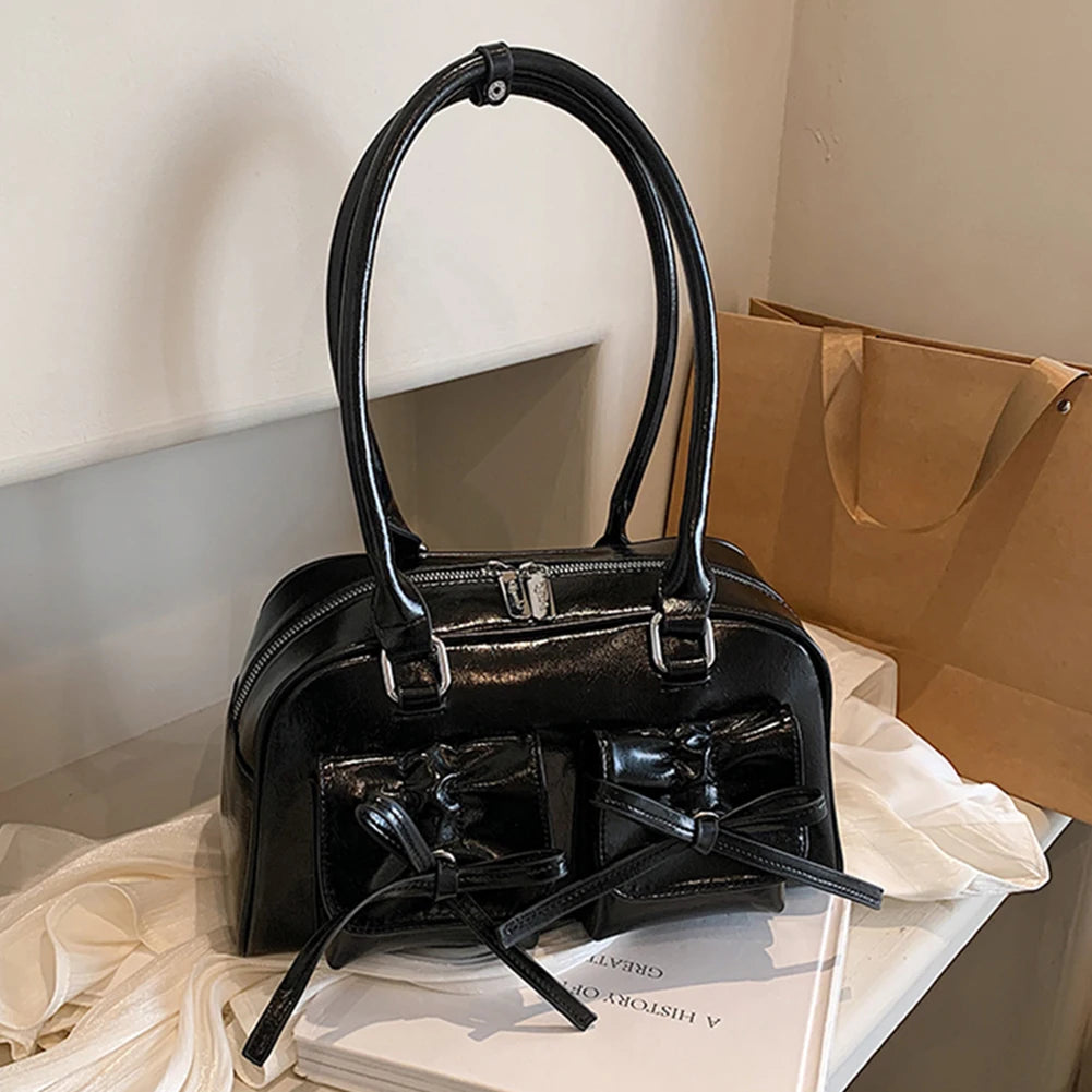 Women Trendy Handbags Double Pockets PU Leather Stylish Underarm Bag with Bow Casual Armpit Bag Solid Color for Travel Vacation