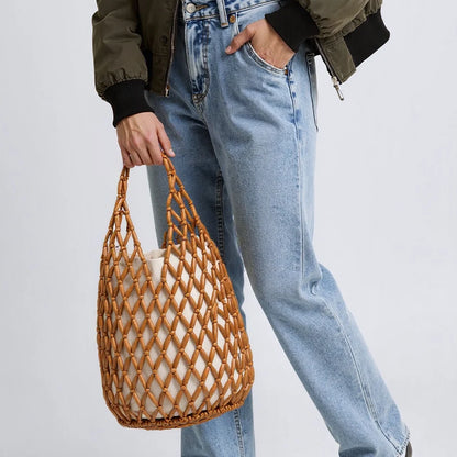 Women Beaded Bag Hollow-out Wooden Bead Tote Bucket Fashion Shoulder Bag Female Beach Handbag Storage Bag for Travels Shopping