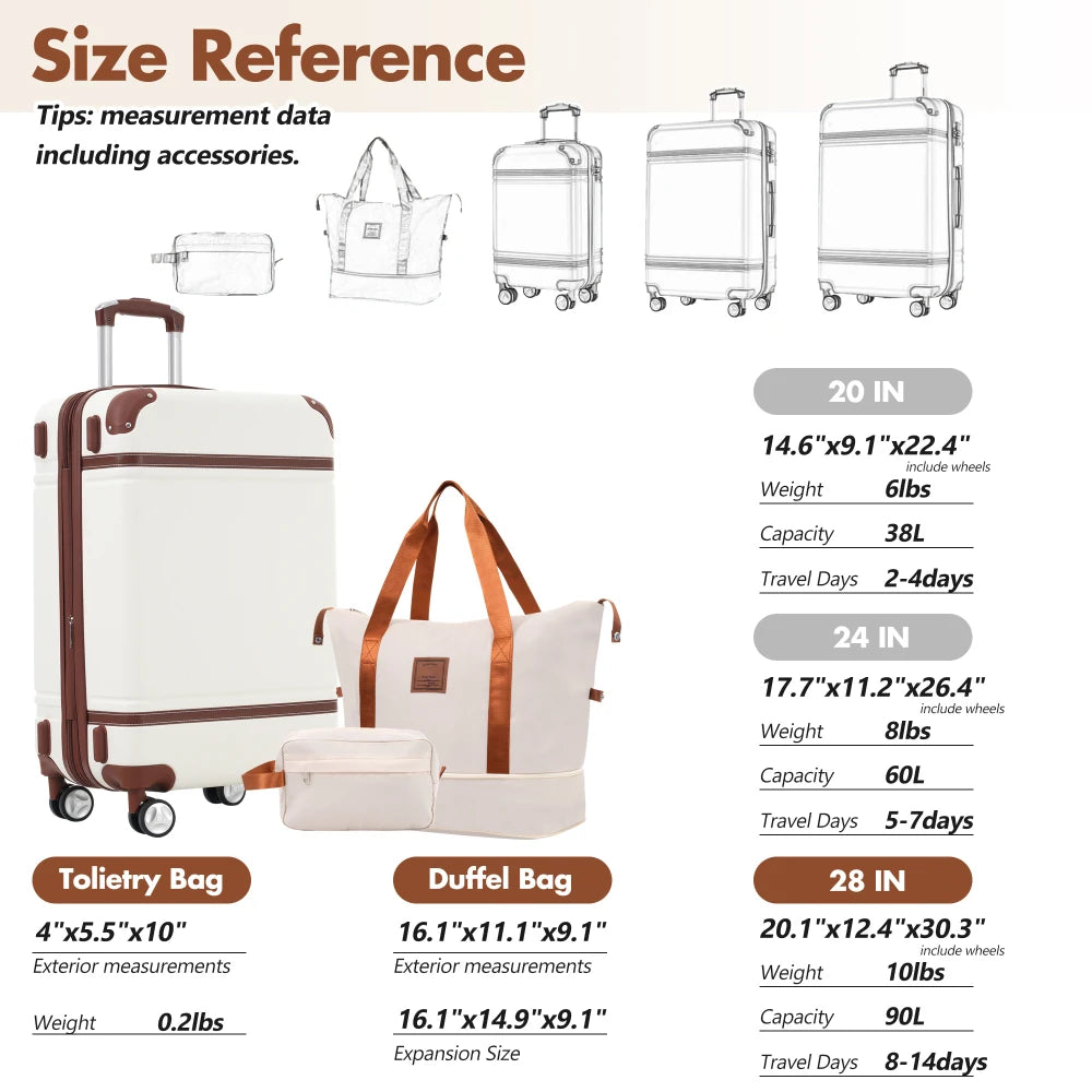 Hardshell Luggage Sets with Bags Lightweight Suitcase Double Spinner Wheels with TSA Lock Single Vintage Luggage 28 IN White