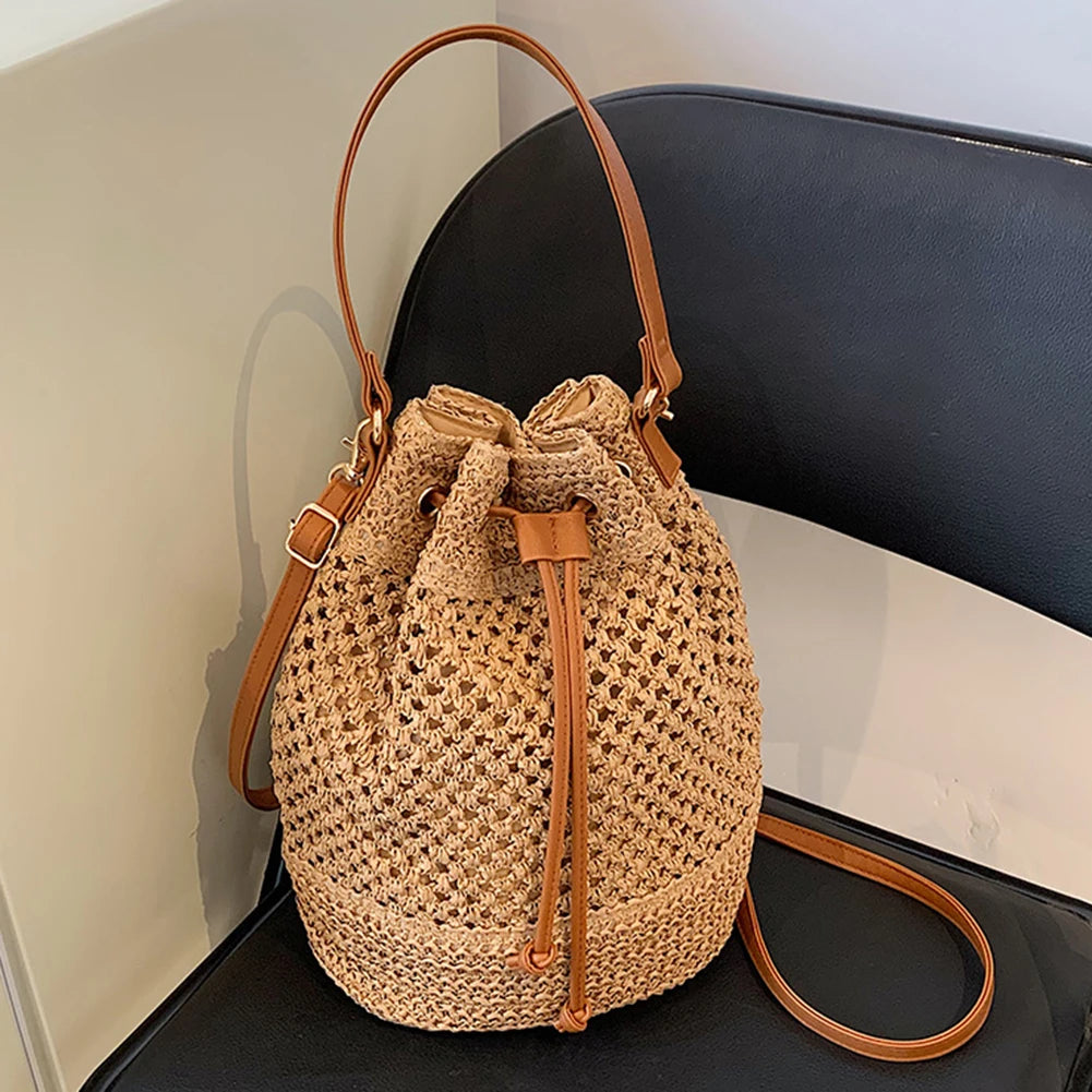 Summer Hand-Woven Handbag Drawstring Straw Beach Crossbody Bags Adjustable Strap Fashion Portable Elegant for Weekend Vacation