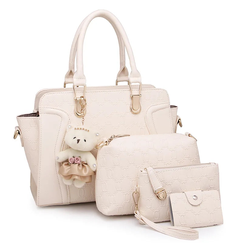 LadiesHandbag Set Top Handle Bags 4 Pieces Set inPULeather,ToteBagShoulderBagClutch andCardHolderSets forShoppingWorkTravel Gift
