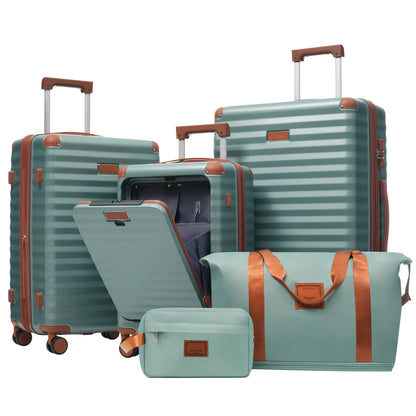 Luggage Sets 5 Piece with Front Opening , Hardside Expandable Carry on Suitcase with Spinner Wheels TSA Lock USB Port Cup Holder