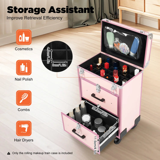 Makeup Rolling Train Case with Universal Wheels Pull Rod Manicure Tattoo Cosmetic Box Storage Bag