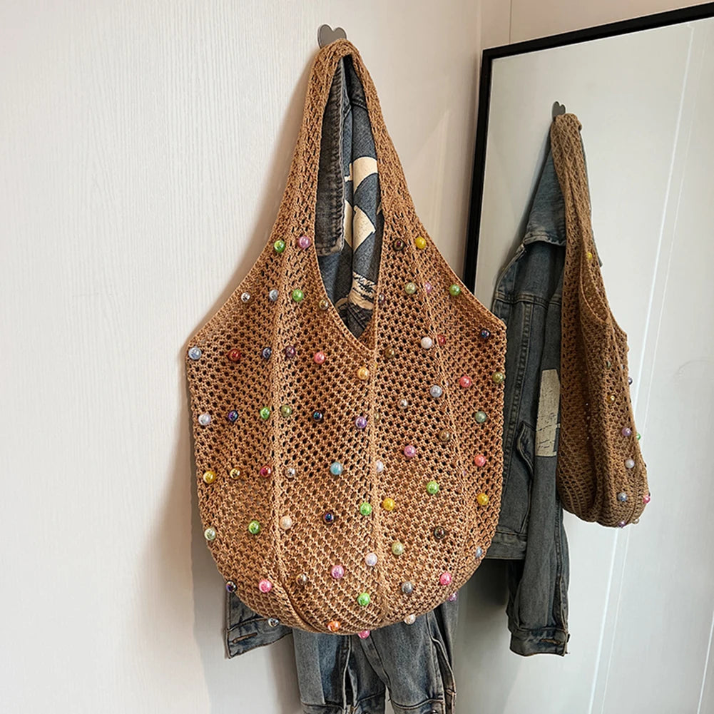 Women Boho Crochet Bag with Colored Beads Aesthetic Knit Bag Large Capacity Knitted Tote Handbag Ladies Daily Handbag