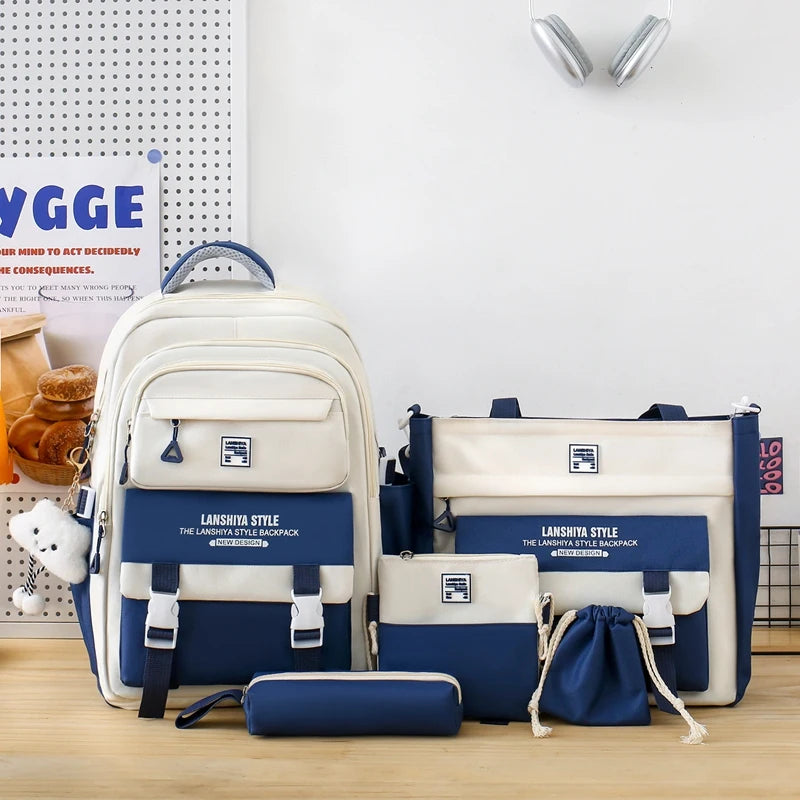 5pcs solid color backpack set, large capacity backpack, simple handbag and coin purse, casual crossbody bag, pencil case handbag