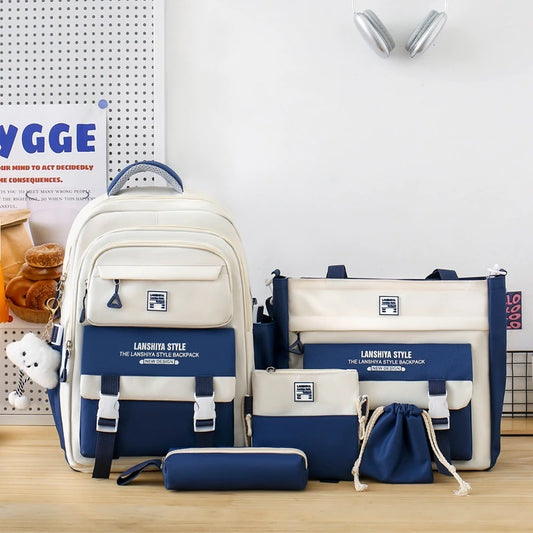 5pcs solid color backpack set, large capacity backpack, simple handbag and coin purse, casual crossbody bag, pencil case handbag