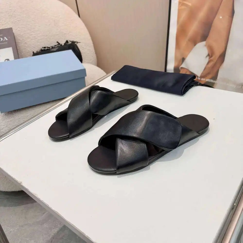 Triangle P New Women Genuine Leather Slippers Summer Beach Slides Leisure Flats Solid Designer Shoes Zapatillas De Mujer Aff