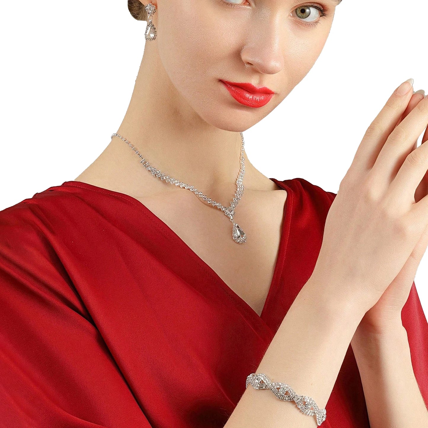 Evening Banquet Handbag Women Elegant Sparkly Flap Clutch Bag With Necklace, Earrings ,Bracelet 4Pcs Set Shoulder Wedding Purse