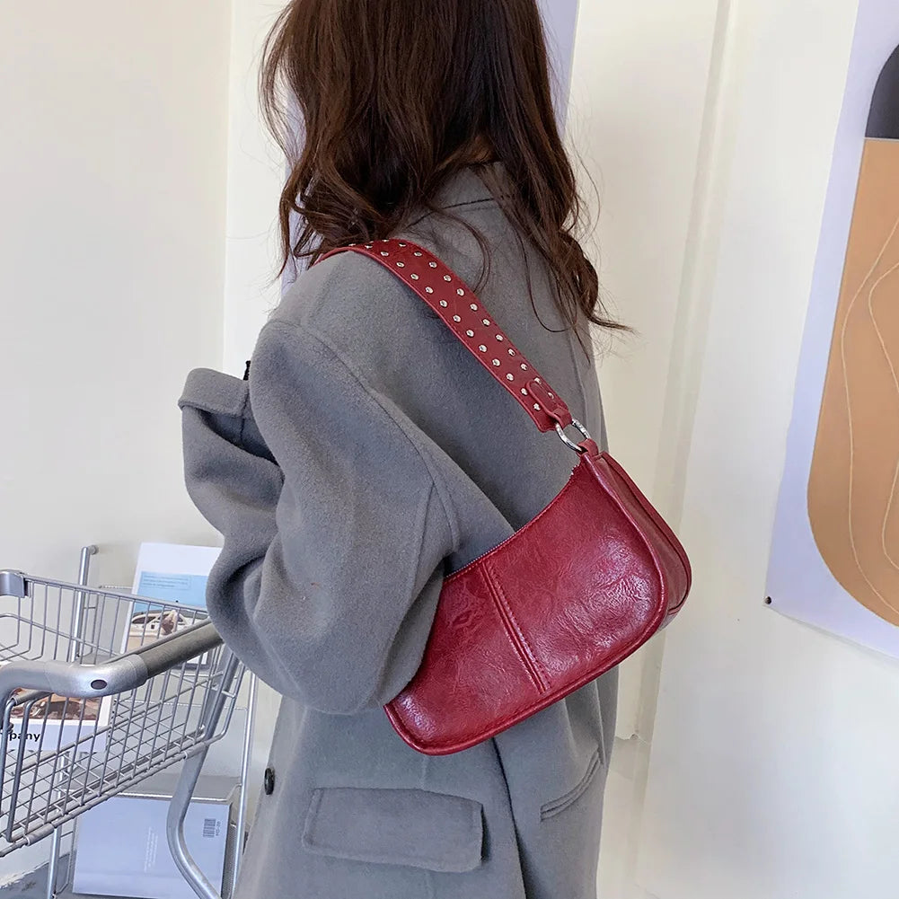 Women Underarm Satchel Bag Studded Decor Crossbody Bag Fashion PU Leather Retro Shoulder Bags Adjustable Strap Daily Handbag