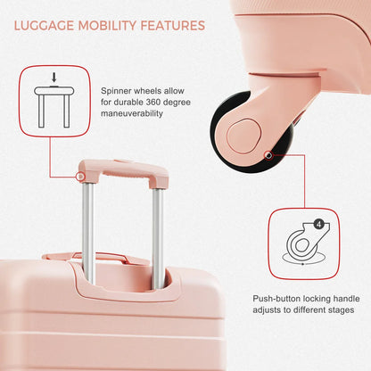 Luggage Sets 4 Piece ABS Durable Suitcase with Travel Bag Carry on Luggage Suitcase Set with 360° Spinner Wheels Pink