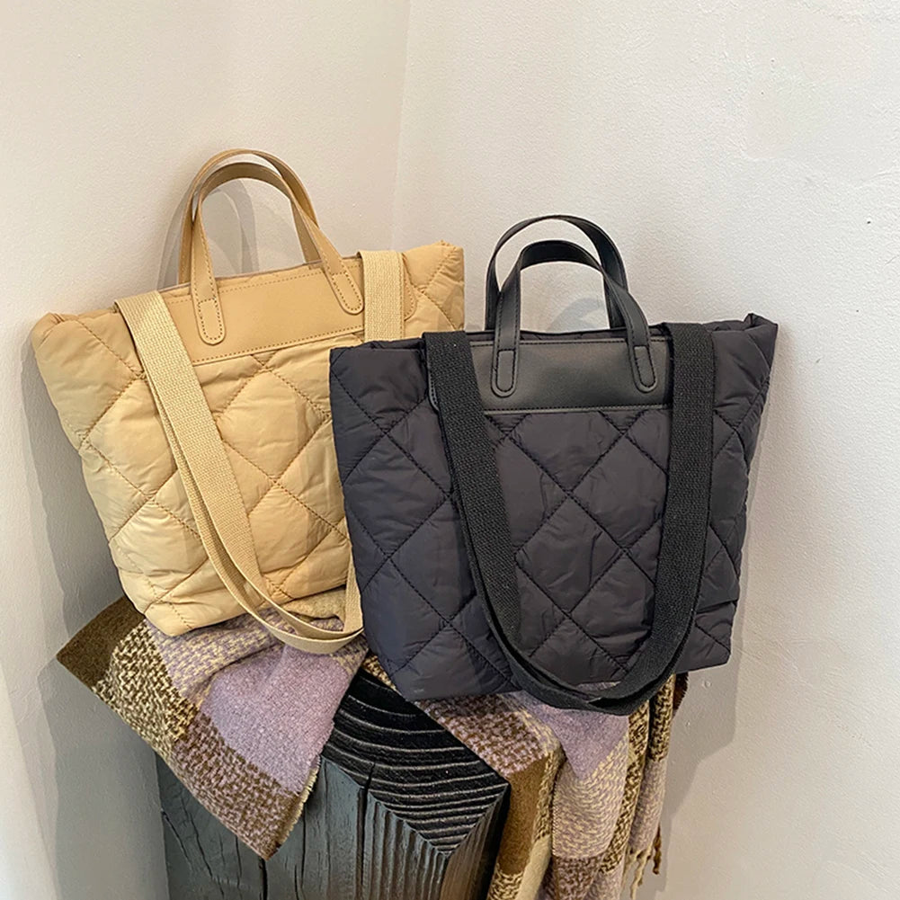 Women Nylon Shoulder Bag Quilted Large Purse with Inner Pocket Solid Color Satchel Bag for Work Travel